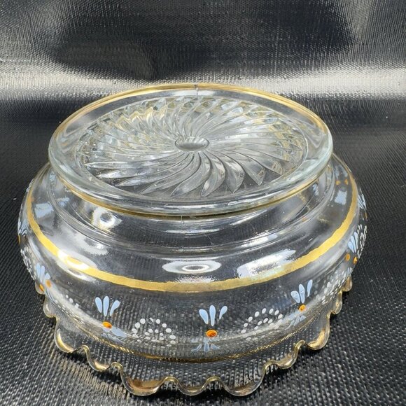 Antique Enameled Paint Large Glass Bowl Dish Gold Painted Edge Manganese 365nm - Picture 12 of 16